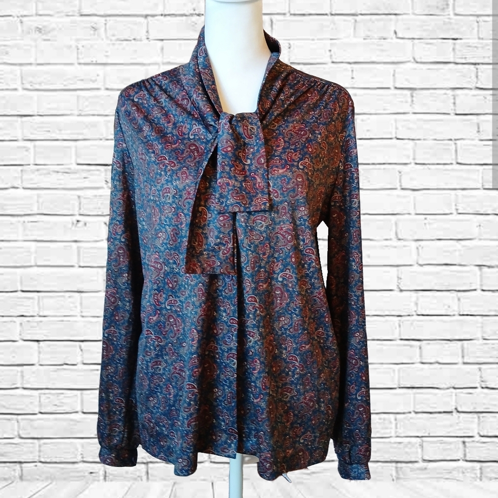 Vintage Paisley 1970s 80s Blouse Womens Long Sleeve Top Size MP